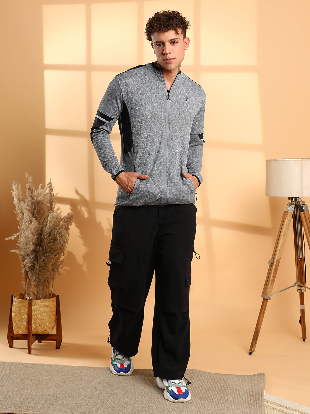 Mens Grey Heathered Activewear Jacket With Contrast Detail