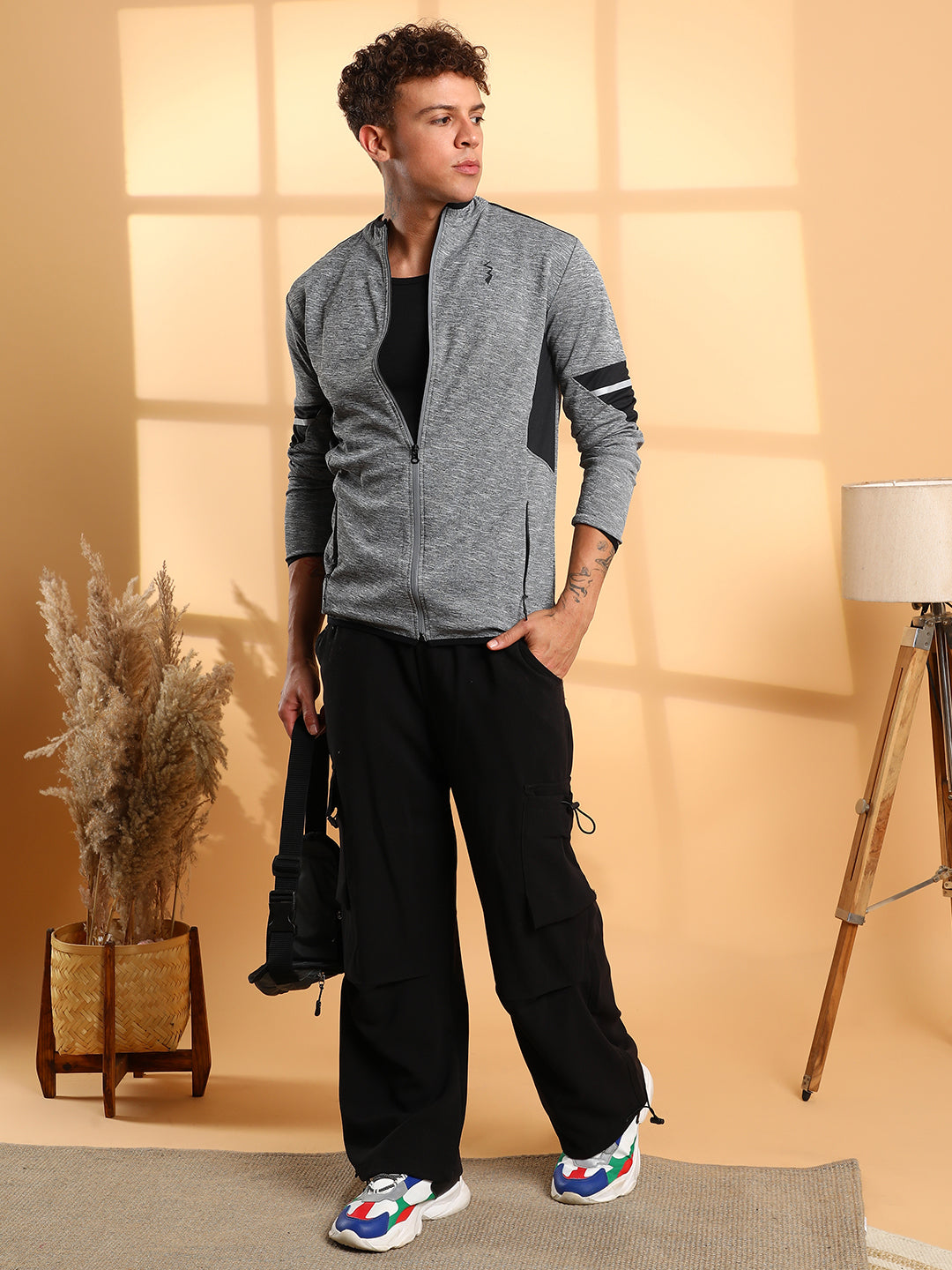 Mens Grey Heathered Activewear Jacket With Contrast Detail