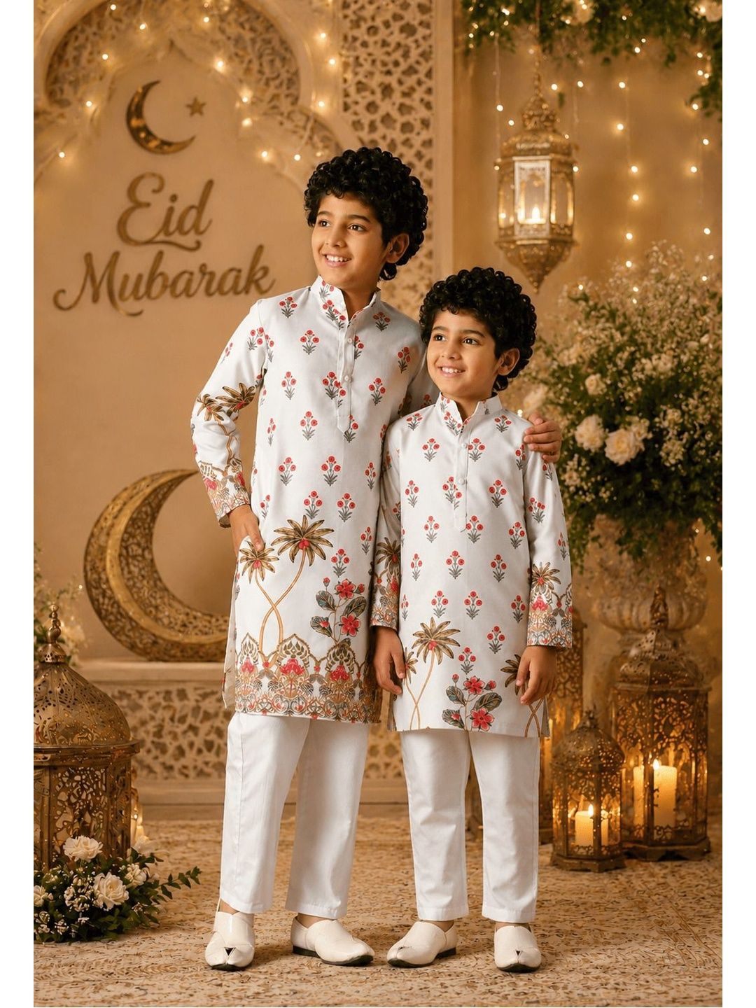 Indi Loom Couture Boys White Floral Printed Ethnic Kurta with Pajama Set ILBKS28