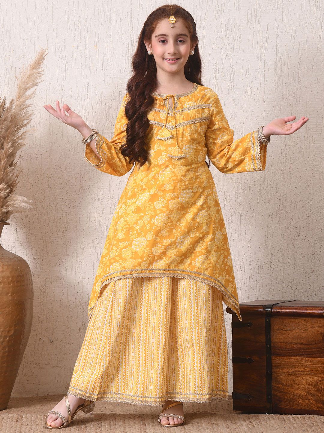 Indi Loom Couture Girls Yellow Floral Printed Kurta with Sharara Set ILKS77