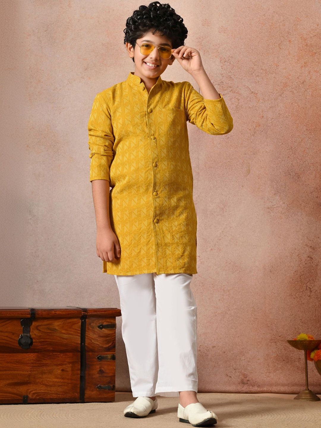 Indi Loom Couture Boys Mustard Yellow Self Design Kurta with Pyjama Set ILBKS35
