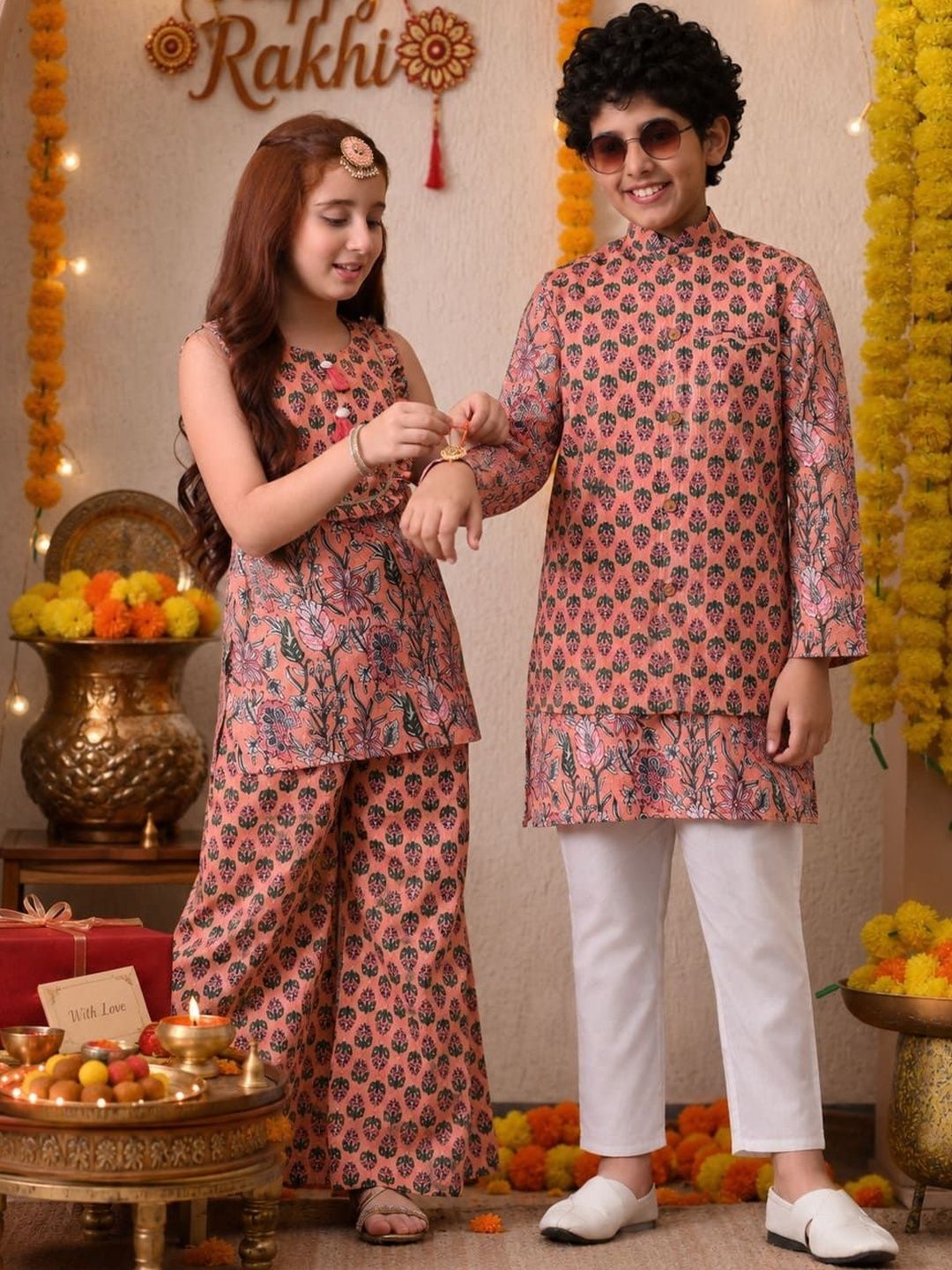 Indi Loom Couture Boys Peach Printed Cotton Kurta with white Pajama and Jacket Set ILBKSJ05