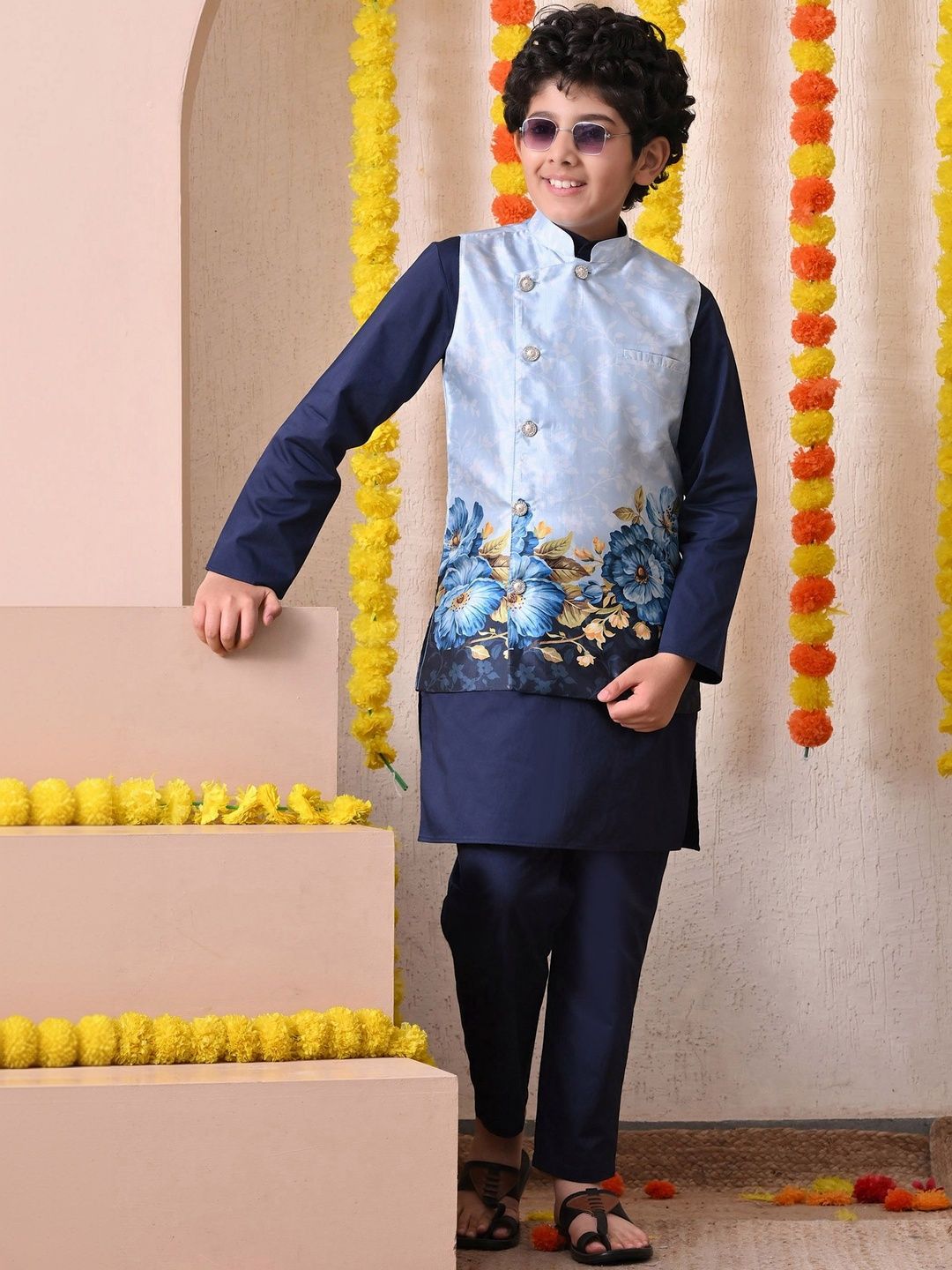 Indi Loom Couture Boys Navy Blue Kurta with Floral Printed Jacket & Pyjama Set ILBKSJ25