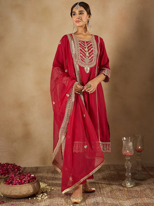 Indo Era - Maroon Embroidered A-Line Kurta Trousers With Dupatta set
