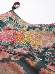 Varanga - Women Green Floral Printed Zari Embroidered Yoke Spaghetti Strap Straight Kurta With Bottom And Dupatta