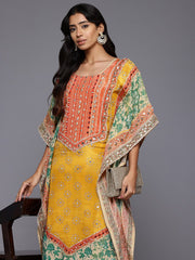 Varanga - Women Mustard- Multi Colored Pure Silk Gotta and Mirror Embroidered Kaftan with Dhoti Pants
