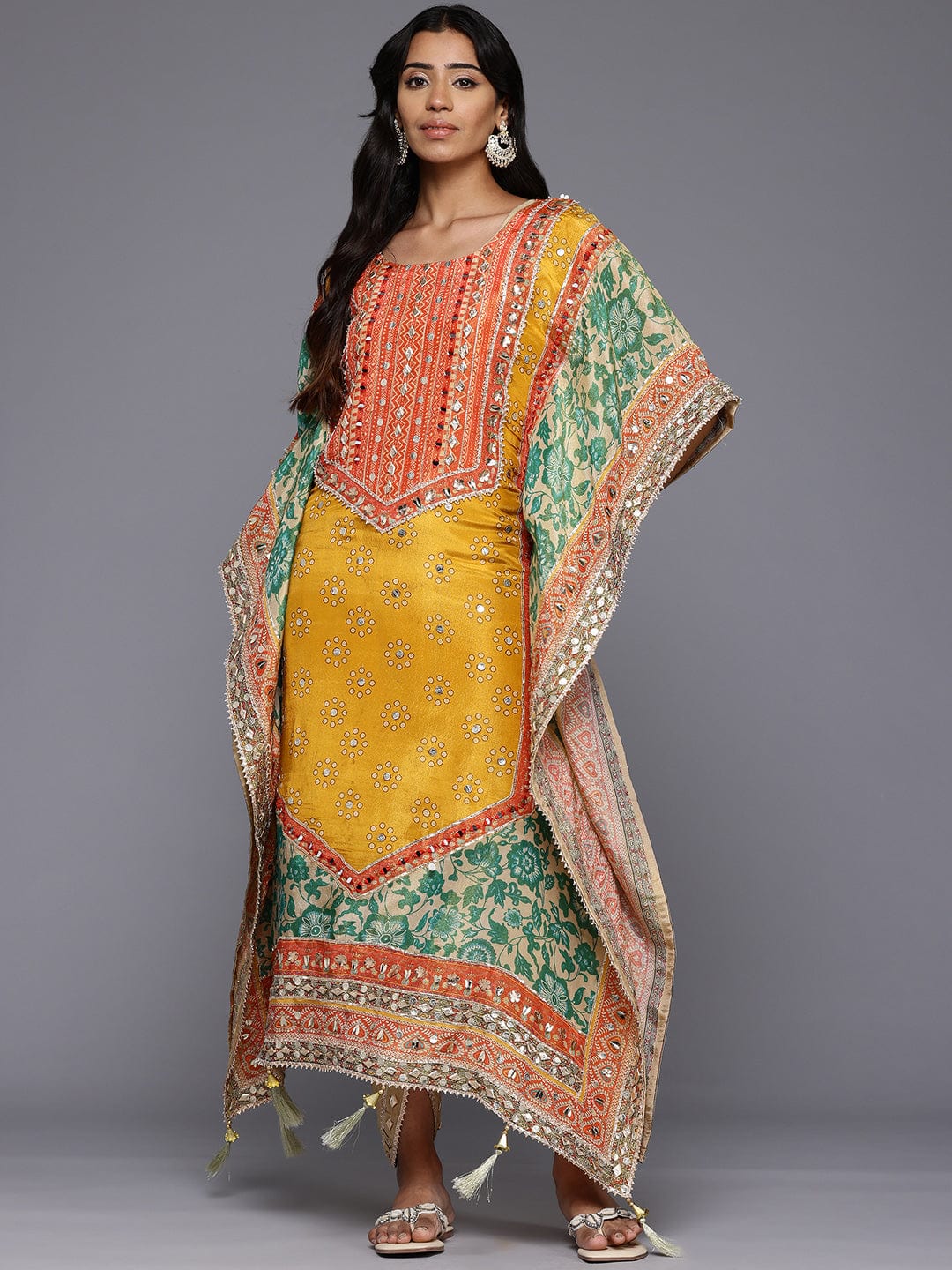 Varanga - Women Mustard- Multi Colored Pure Silk Gotta and Mirror Embroidered Kaftan with Dhoti Pants