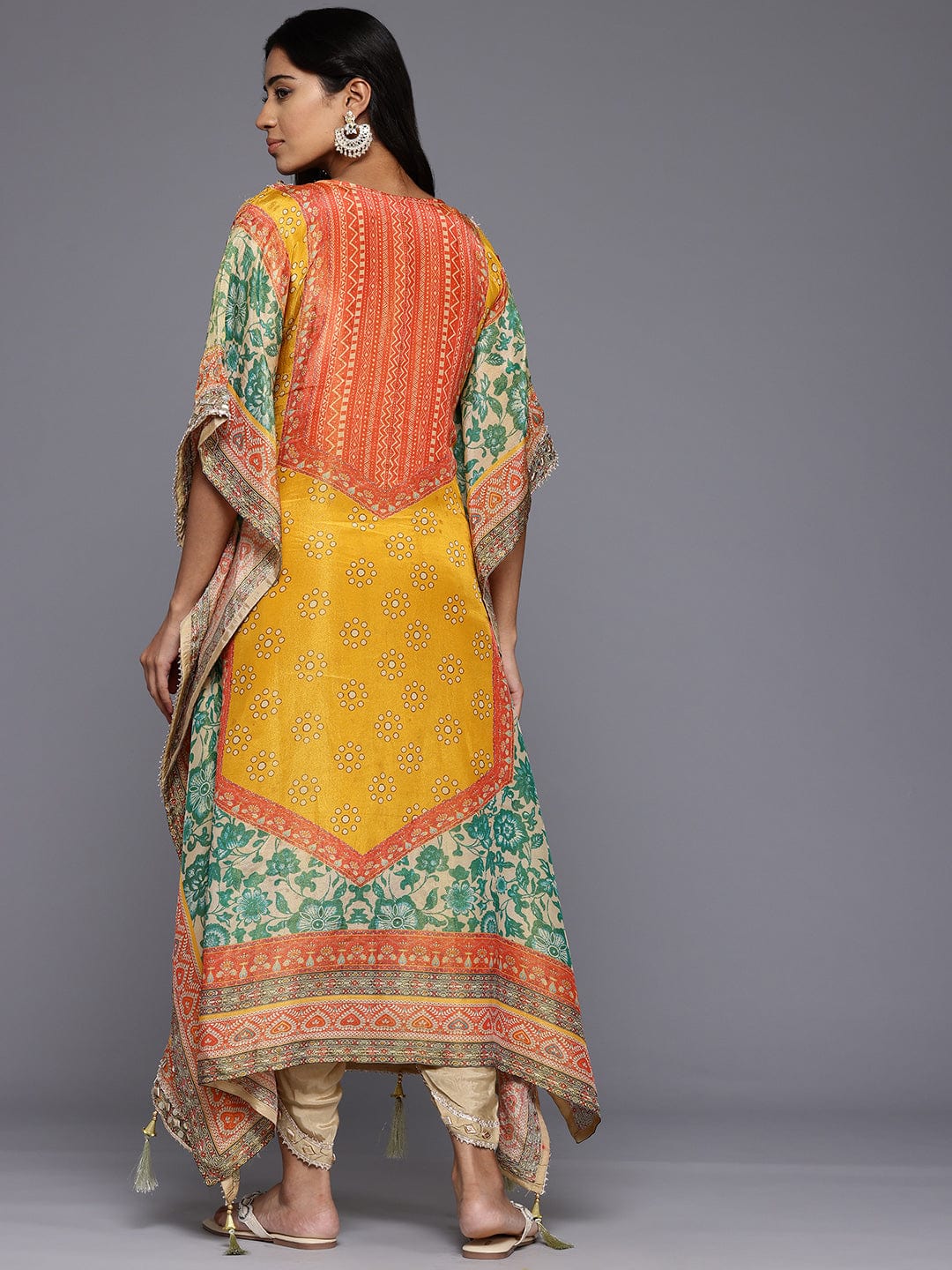 Varanga - Women Mustard- Multi Colored Pure Silk Gotta and Mirror Embroidered Kaftan with Dhoti Pants