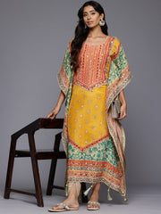 Varanga - Women Mustard- Multi Colored Pure Silk Gotta and Mirror Embroidered Kaftan with Dhoti Pants