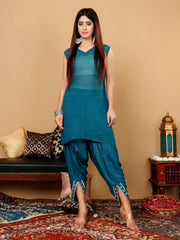 Varanga - Women Teal Blue Pure Silk Gotta And Mirror Work Kaftan With Tulip Pants