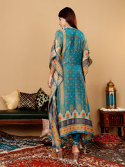 Varanga - Women Teal Blue Pure Silk Gotta And Mirror Work Kaftan With Tulip Pants