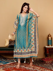 Varanga - Women Teal Blue Pure Silk Gotta And Mirror Work Kaftan With Tulip Pants