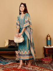 Varanga - Women Teal Blue Pure Silk Gotta And Mirror Work Kaftan With Tulip Pants
