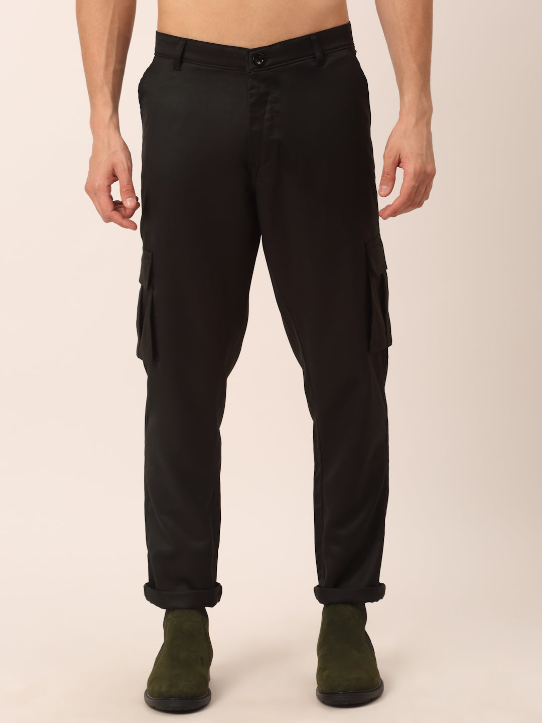 Jainish Mens Casual Cotton Solid Cargo Pants