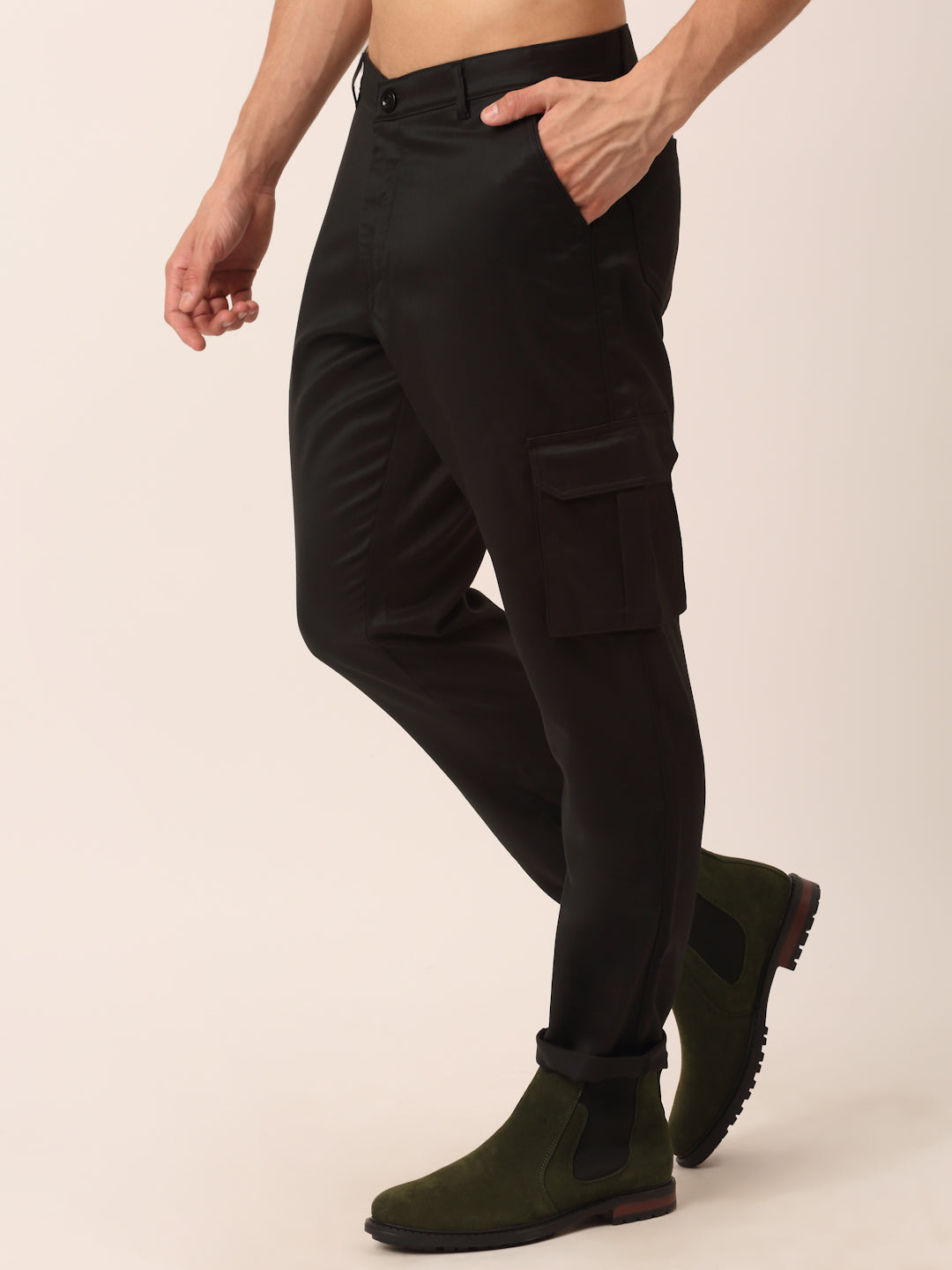 Jainish Mens Casual Cotton Solid Cargo Pants