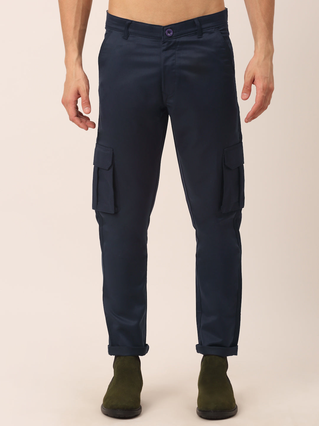 Jainish Mens Casual Cotton Solid Cargo Pants