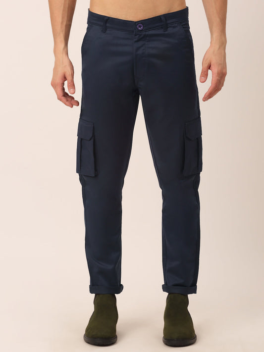 Men's Casual Cotton Solid Cargo Pants ( KGP 154Navy-Blue )