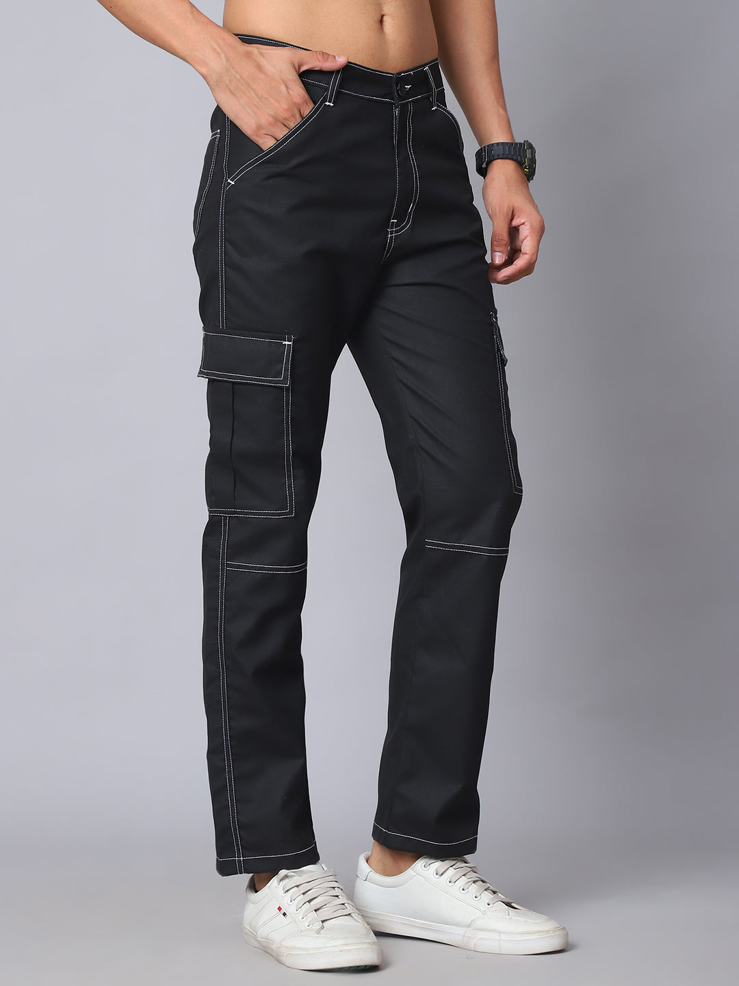 Indian Needle Straight Fit Solid Cargo Trousers For Men