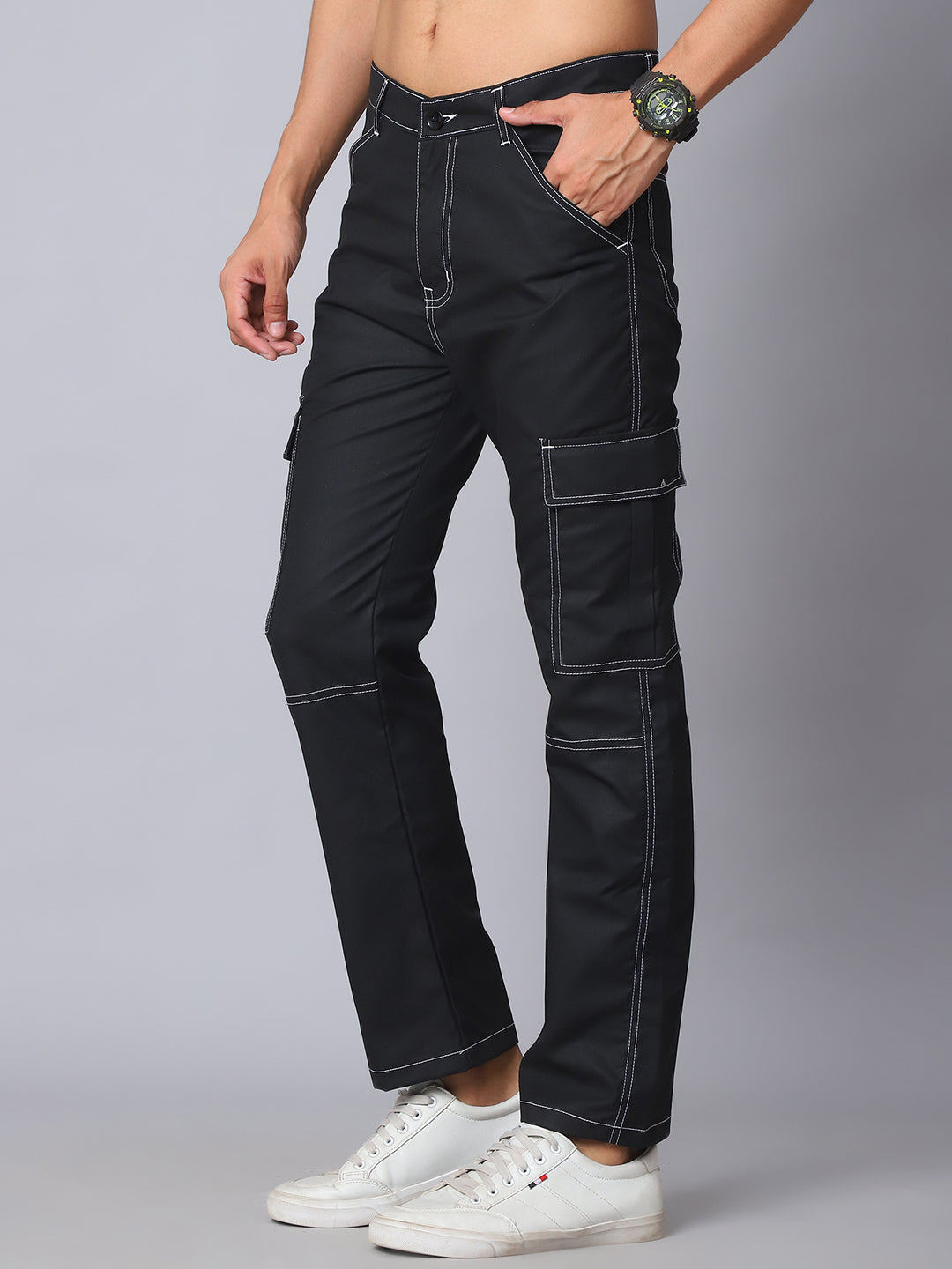 Indian Needle Straight Fit Solid Cargo Trousers For Men