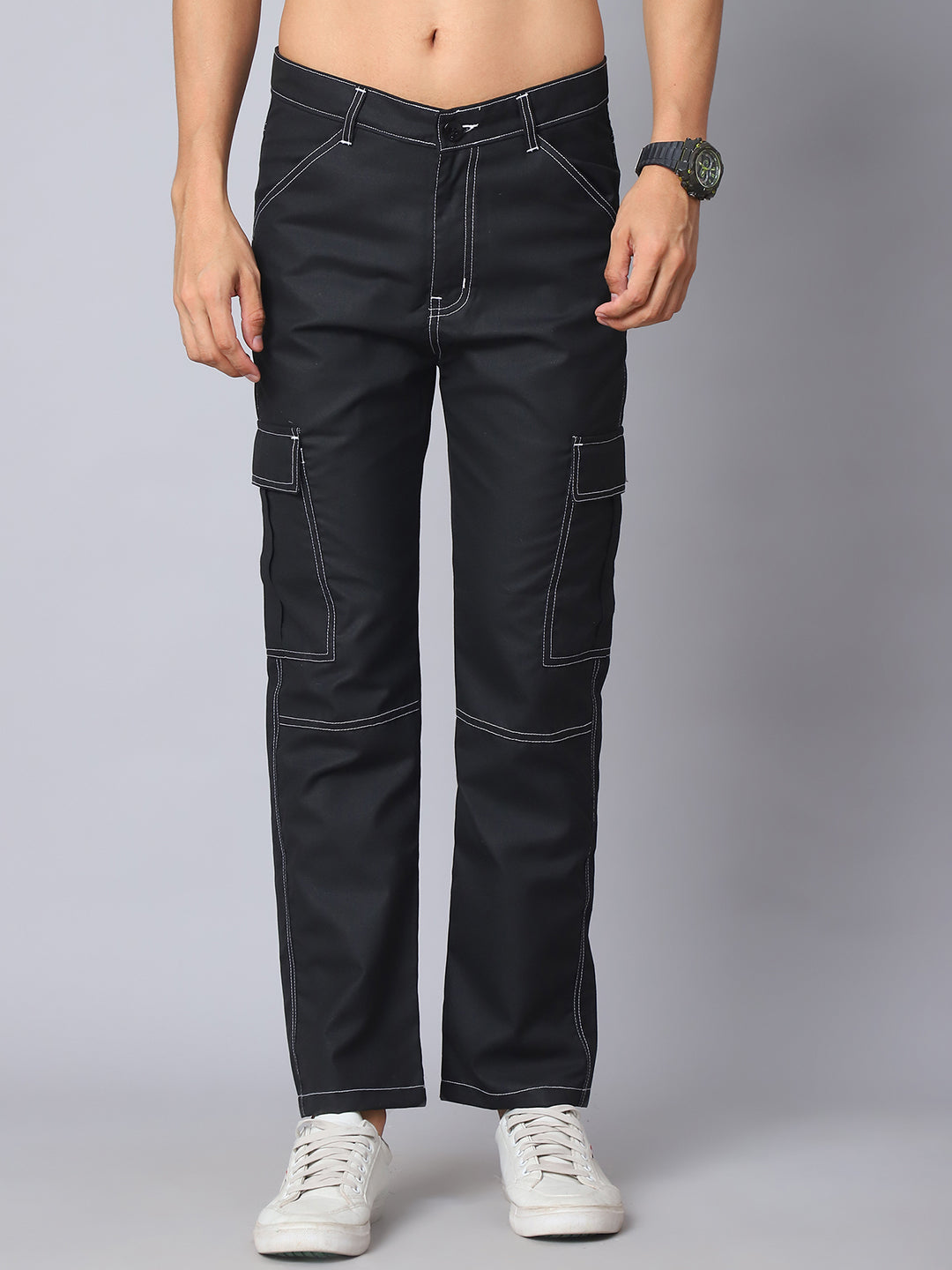 Indian Needle Straight Fit Solid Cargo Trousers For Men