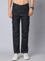 Men's Casual Cotton Blend Solid Cargo Pants ( KGP 156Black )