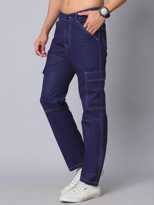 Indian Needle Straight Fit Solid Cargo Trousers For Men