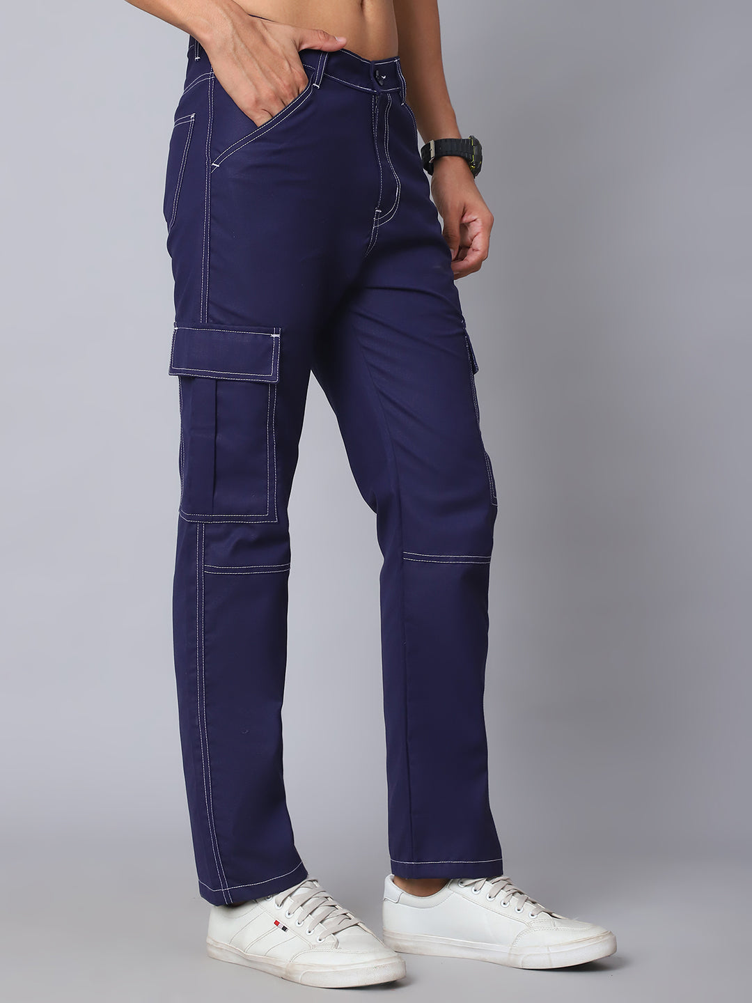 Indian Needle Straight Fit Solid Cargo Trousers For Men