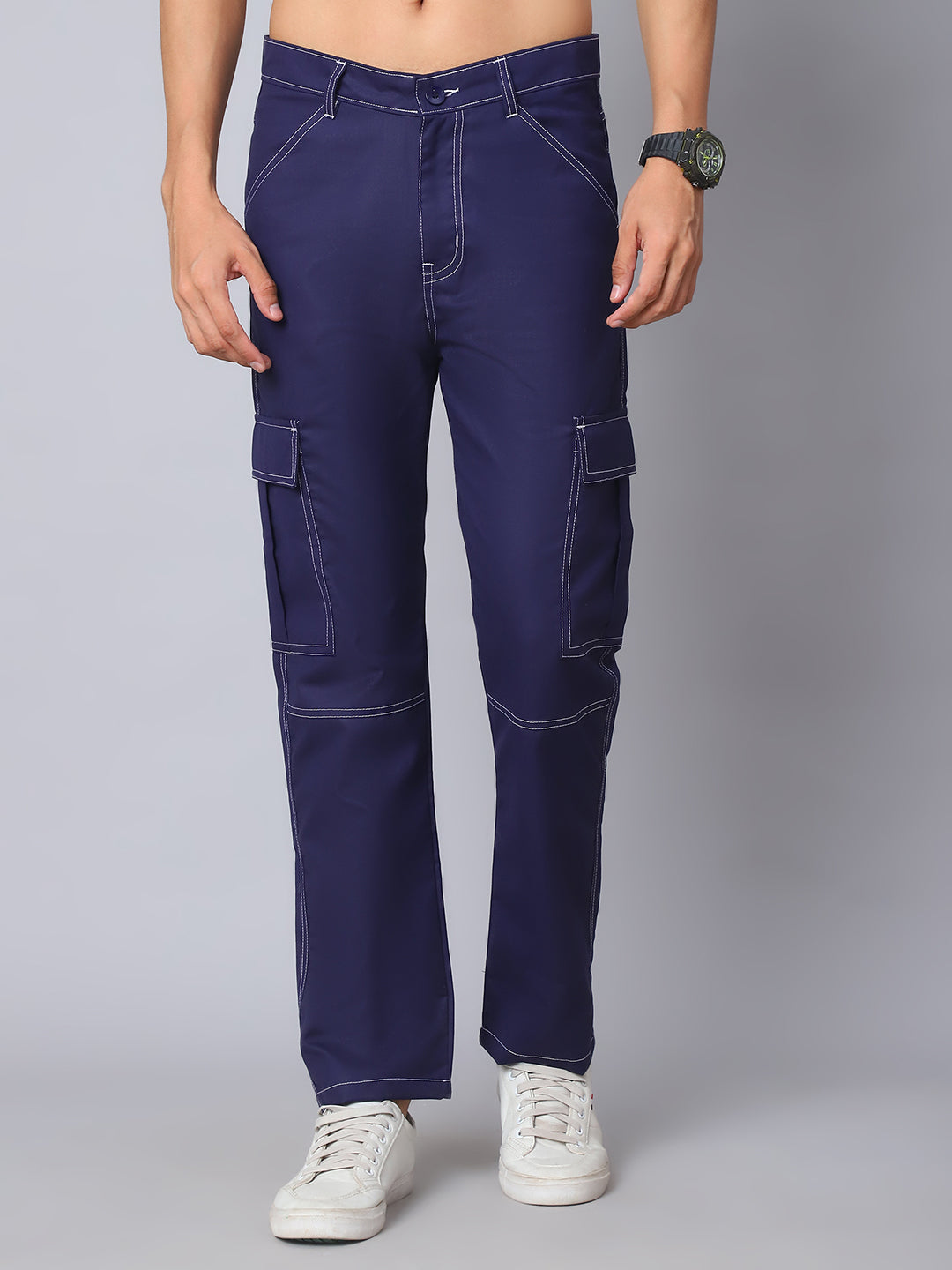 Indian Needle Straight Fit Solid Cargo Trousers For Men