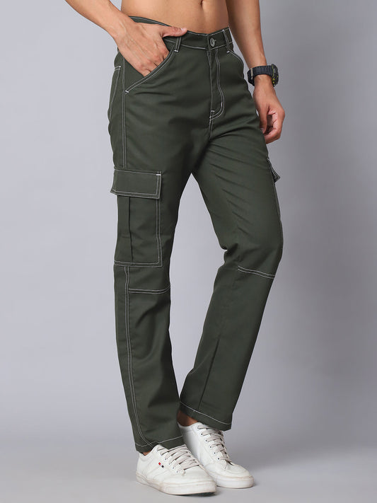Men's Casual Cotton Blend Solid Cargo Pants ( KGP 156Olive )