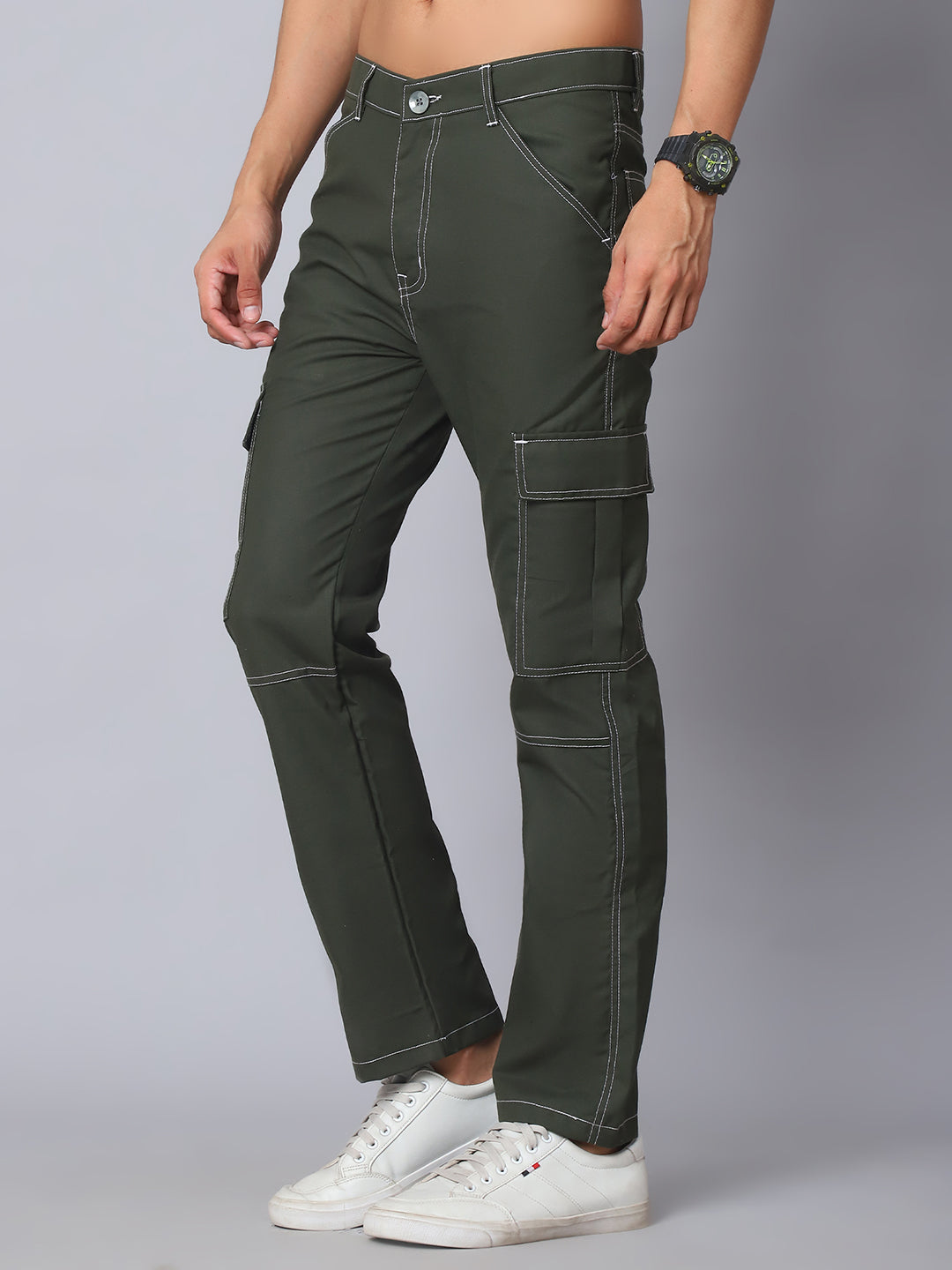 Indian Needle Straight Fit Solid Cargo Trousers For Men