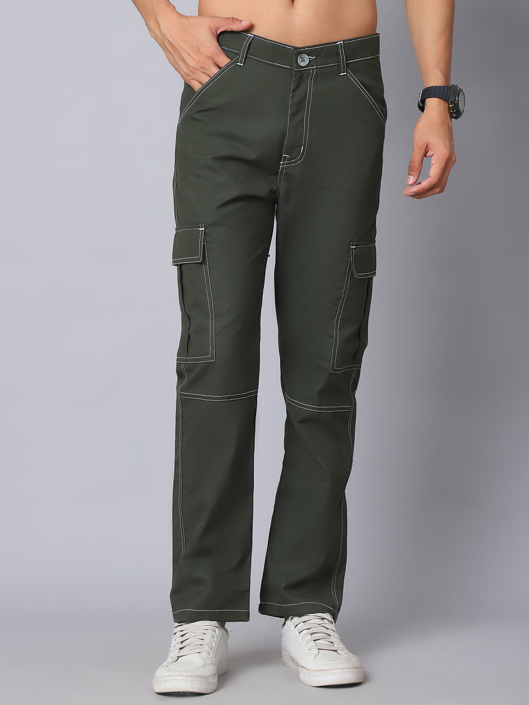 Indian Needle Straight Fit Solid Cargo Trousers For Men