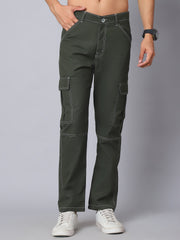 Men's Casual Cotton Blend Solid Cargo Pants ( KGP 156Olive )