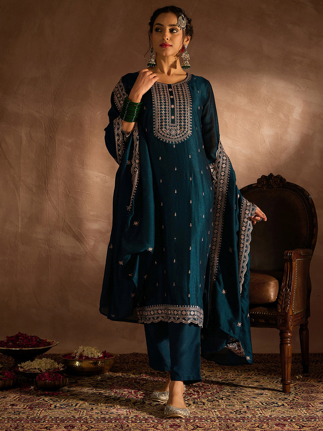 Indo Era - Embroidered Straight Kurta Trousers With Dupatta set