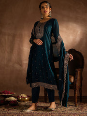 Embroidered Straight Kurta Trousers With Dupatta set