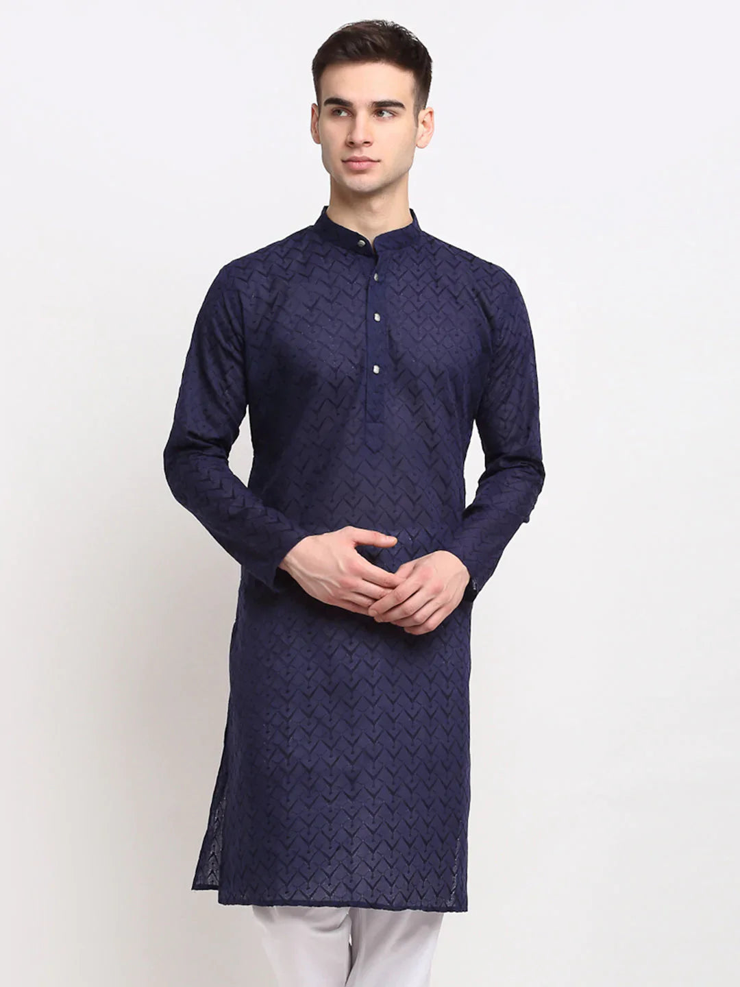 Men Navy Blue Chikan Kurta Only ( KO 561 Navy )