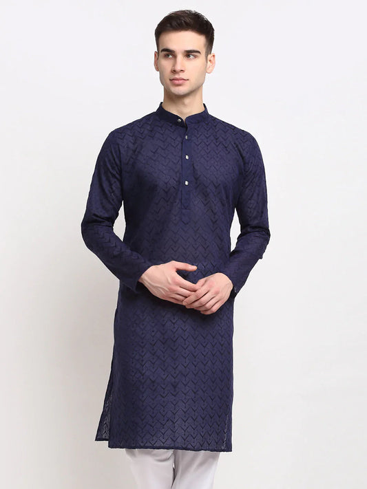 Men Navy Blue Chikan Kurta Only ( KO 561 Navy )