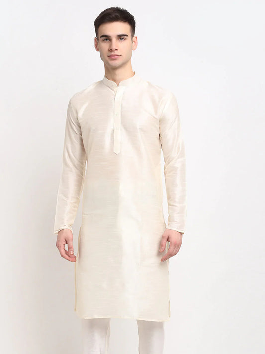 Men's White Solid Dupion Silk Kurta Only ( KO 636 White )
