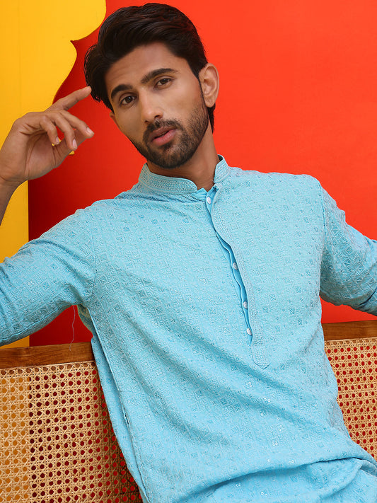 Sequin Embroidered Pure Cotton Kurtas ( KO 5006 Blue )