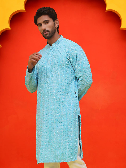 Sequin Embroidered Pure Cotton Kurtas ( KO 5006 Blue )