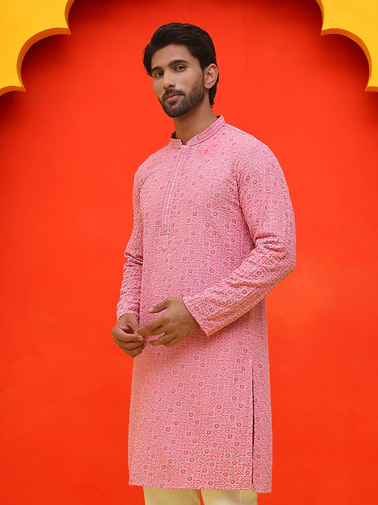 Sequin Embroidered Pure Cotton Kurtas ( KO 5006 Coral )