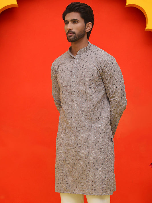 Sequin Embroidered Pure Cotton Kurtas ( KO 5006 Grey )
