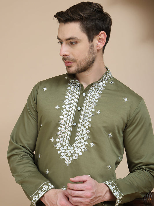 Men's Embroidered Kurtas ( KO 5045 Olive )