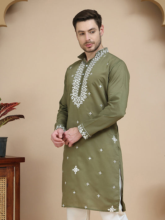 Men's Embroidered Kurtas ( KO 5045 Olive )
