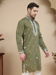 Men's Embroidered Kurtas ( KO 5045 Olive )