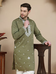 Men's Embroidered Kurtas ( KO 5045 Olive )