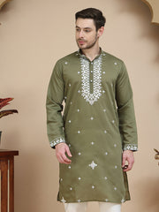 Men's Embroidered Kurtas ( KO 5045 Olive )