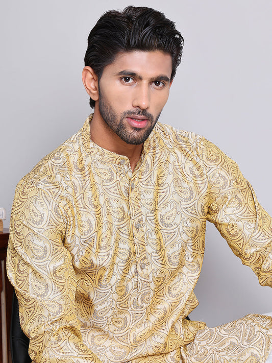 Men Golden Silk Blend Straight Kurtas ( KUO 5071Golden )