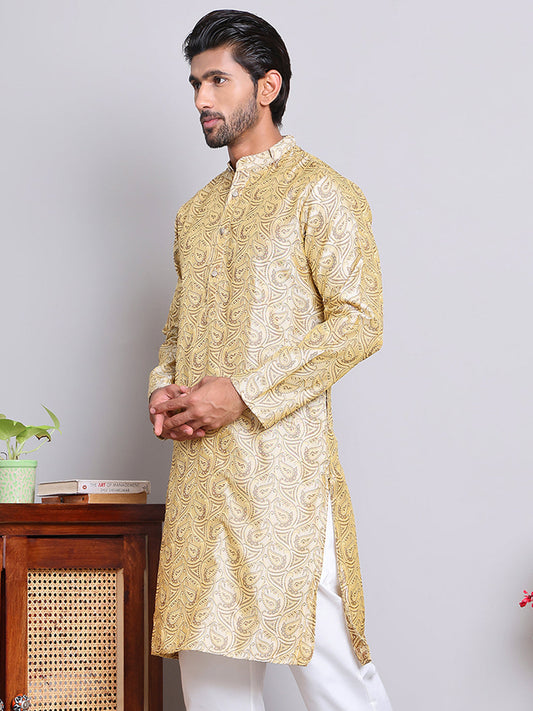 Men Golden Silk Blend Straight Kurtas ( KUO 5071Golden )