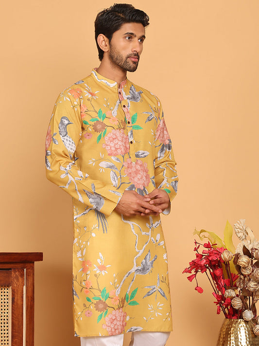 Men's Animal Printed Pure Cotton Straight Kurtas. ( KO 5079 Mustard )