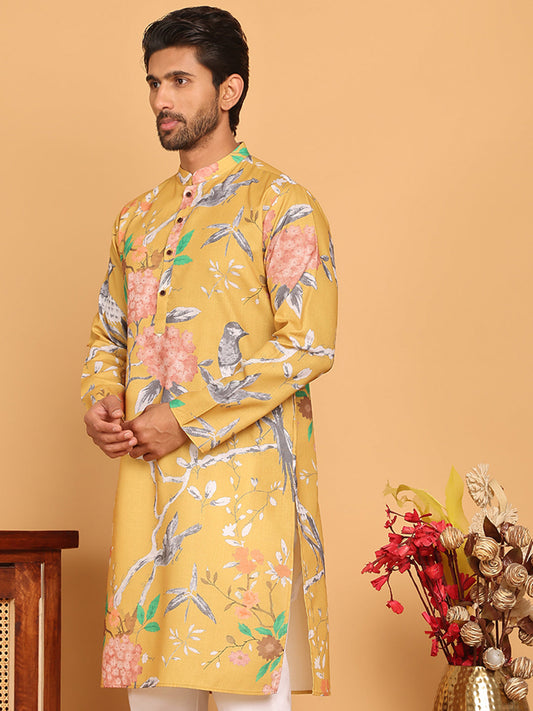 Men's Animal Printed Pure Cotton Straight Kurtas. ( KO 5079 Mustard )